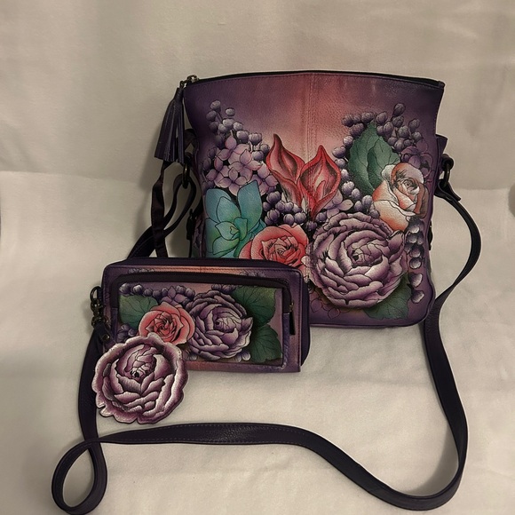Anuschka Handbags - Floral Purple Handbag and Wallet Set